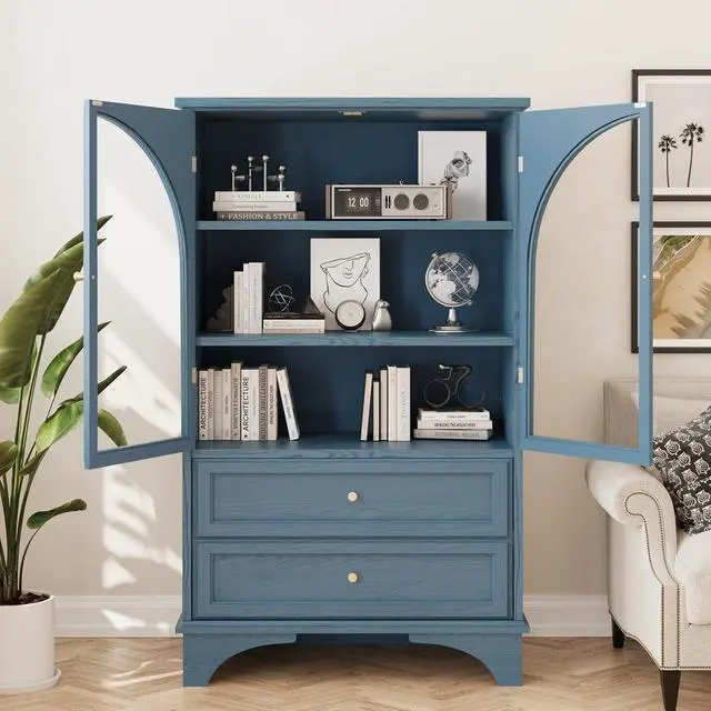 Alt view image 4 of 7 - Buffet Storage Cabinet with Glass Doors and Drawers, Blue
