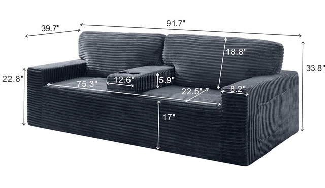 Alt view image 2 of 7 - 91.7" Loveseat Sofa with 2 Cup Holders and Side Pockets, Gray