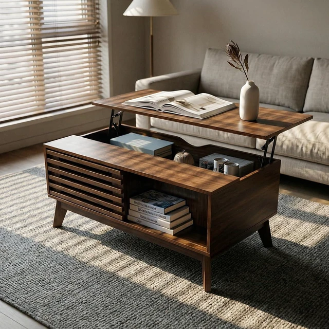 Main image of Lift Top Coffee Table with Hidden Storage and Sliding Doors, Workstation Coffee Table to Desk Dining Walnut Center Table for Living Room, Apartment, Simple Assembly Steps