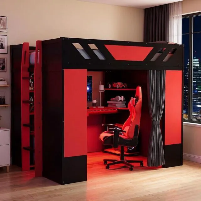 Main image of Wood Gaming Loft Bed with Curtains and Charging Ports, Black+Red