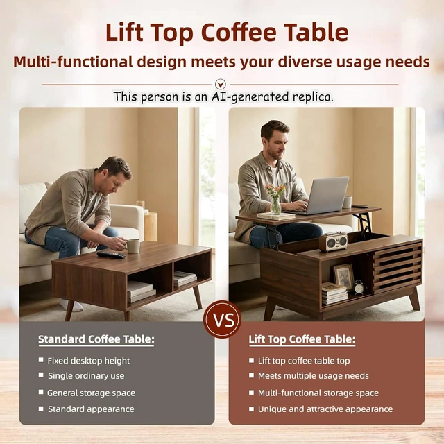 Alt view image 5 of 7 - Lift Top Coffee Table with Hidden Storage and Sliding Doors, Workstation Coffee Table to Desk Dining Walnut Center Table for Living Room, Apartment, Simple Assembly Steps