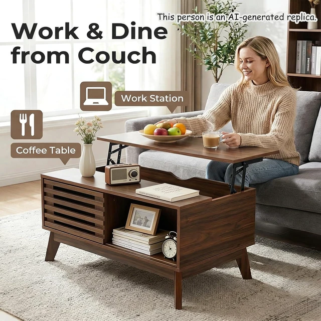 Alt view image 6 of 7 - Lift Top Coffee Table with Hidden Storage and Sliding Doors, Workstation Coffee Table to Desk Dining Walnut Center Table for Living Room, Apartment, Simple Assembly Steps