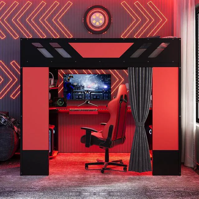 Alt view image 2 of 7 - Wood Gaming Loft Bed with Curtains and Charging Ports, Black+Red