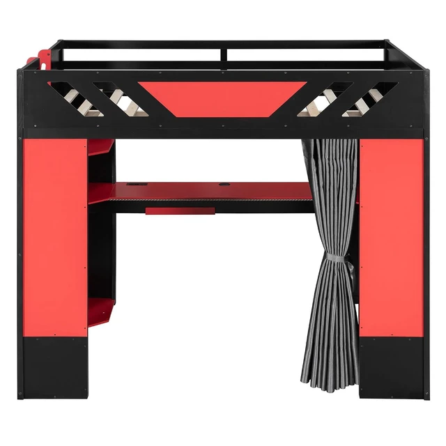 Alt view image 6 of 7 - Wood Gaming Loft Bed with Curtains and Charging Ports, Black+Red