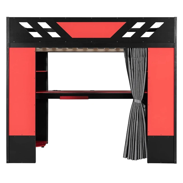 Alt view image 7 of 7 - Wood Gaming Loft Bed with Curtains and Charging Ports, Black+Red