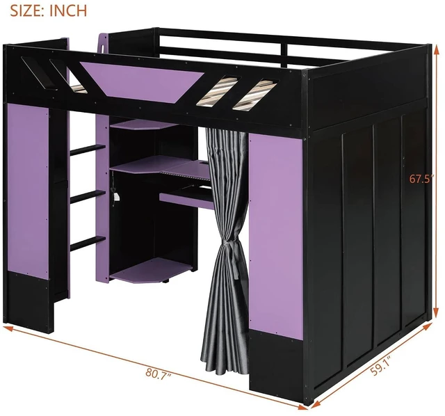 Alt view image 2 of 7 - Wood Gaming Loft Bed with Curtains, USB Outlet and RGB Lights, High Full Loft Bed with Shelf, Desk and Keyboard Tray for Boys, Teens, Adults, Purple+Black