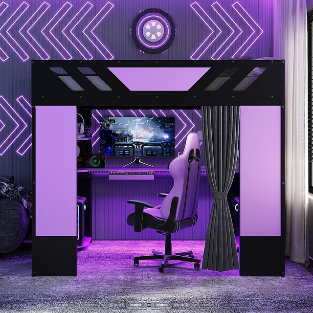 Alt view image 3 of 7 - Wood Gaming Loft Bed with Curtains, USB Outlet and RGB Lights, High Full Loft Bed with Shelf, Desk and Keyboard Tray for Boys, Teens, Adults, Purple+Black