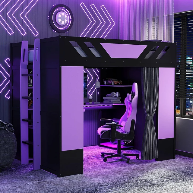 Main image of Wood Gaming Loft Bed with Curtains, USB Outlet and RGB Lights, High Full Loft Bed with Shelf, Desk and Keyboard Tray for Boys, Teens, Adults, Purple+Black