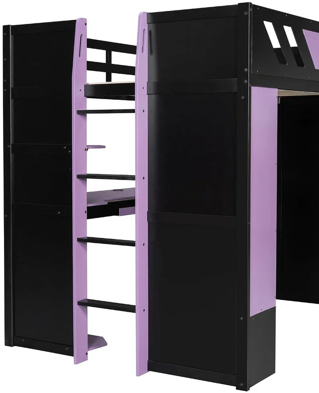 Alt view image 4 of 7 - Wood Gaming Loft Bed with Curtains, USB Outlet and RGB Lights, High Full Loft Bed with Shelf, Desk and Keyboard Tray for Boys, Teens, Adults, Purple+Black