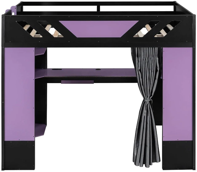 Alt view image 6 of 7 - Wood Gaming Loft Bed with Curtains, USB Outlet and RGB Lights, High Full Loft Bed with Shelf, Desk and Keyboard Tray for Boys, Teens, Adults, Purple+Black