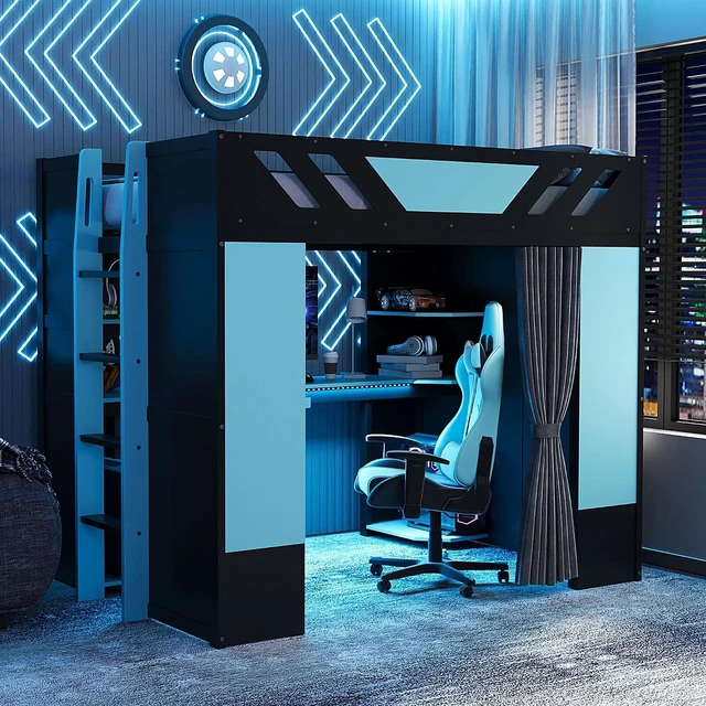 Alt view image 3 of 7 - Wood Gaming Loft Bed with Curtains, USB Outlet and RGB Lights, High Full Loft Bed with Shelf, Desk and Keyboard Tray for Boys, Teens, Adults, Black+Blue