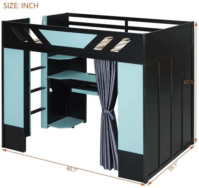 Alt view image 2 of 7 - Wood Gaming Loft Bed with Curtains, USB Outlet and RGB Lights, High Full Loft Bed with Shelf, Desk and Keyboard Tray for Boys, Teens, Adults, Black+Blue