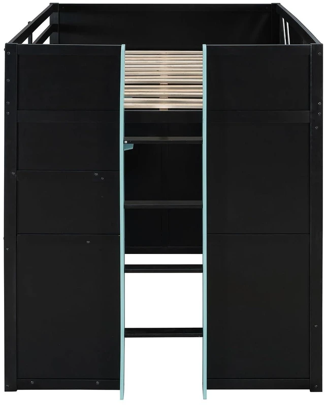 Alt view image 5 of 7 - Wood Gaming Loft Bed with Curtains, USB Outlet and RGB Lights, High Full Loft Bed with Shelf, Desk and Keyboard Tray for Boys, Teens, Adults, Black+Blue