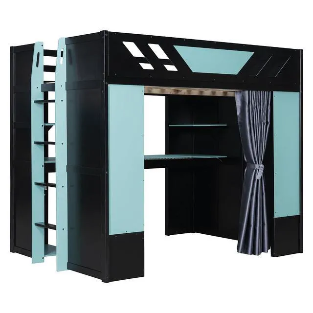 Alt view image 6 of 7 - Wood Gaming Loft Bed with Curtains, USB Outlet and RGB Lights, High Full Loft Bed with Shelf, Desk and Keyboard Tray for Boys, Teens, Adults, Black+Blue