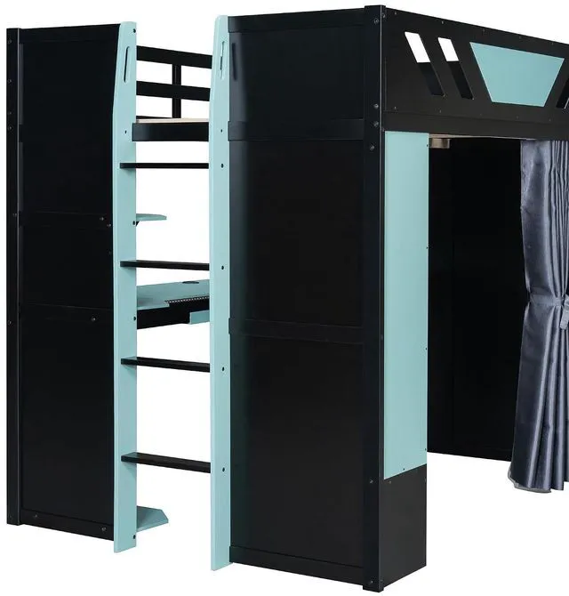 Alt view image 7 of 7 - Wood Gaming Loft Bed with Curtains, USB Outlet and RGB Lights, High Full Loft Bed with Shelf, Desk and Keyboard Tray for Boys, Teens, Adults, Black+Blue