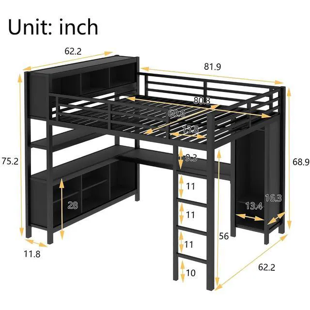 Alt view image 2 of 7 - Queen Size Metal Loft Bed with Desk, Wardrobe & Storage Shelves, Workstation Loft Bed with Workstation & Safety Guardrail for Teens, Kids & Small Bedroom, Black