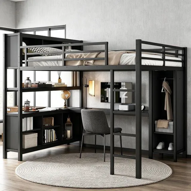 Main image of Queen Size Metal Loft Bed with Desk, Wardrobe & Storage Shelves, Workstation Loft Bed with Workstation & Safety Guardrail for Teens, Kids & Small Bedroom, Black