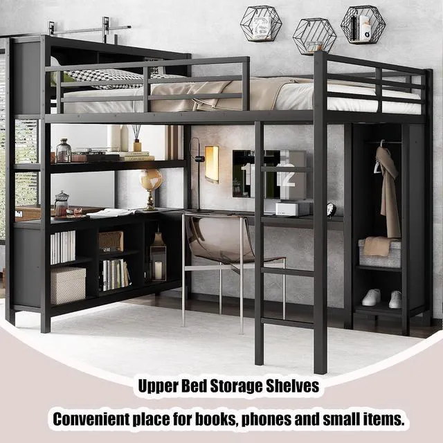 Alt view image 3 of 7 - Queen Size Metal Loft Bed with Desk, Wardrobe & Storage Shelves, Workstation Loft Bed with Workstation & Safety Guardrail for Teens, Kids & Small Bedroom, Black