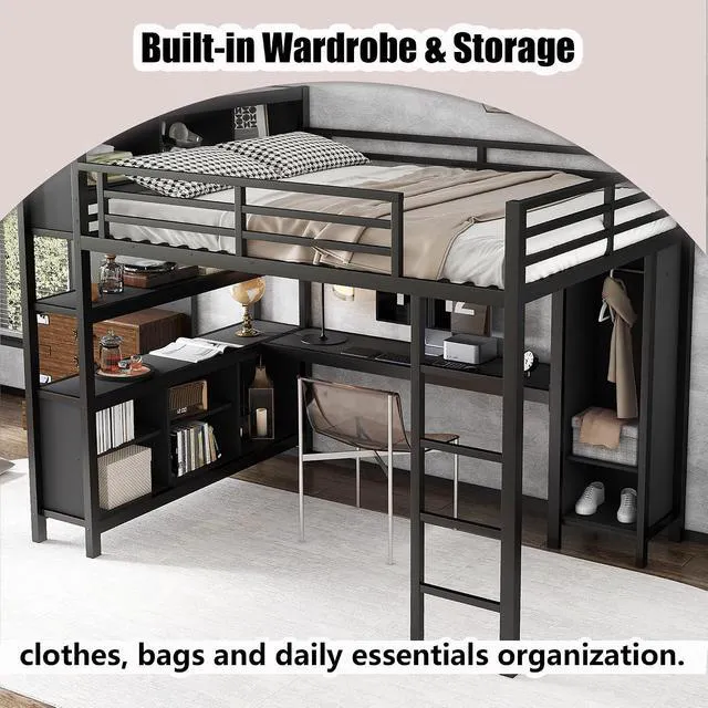 Alt view image 4 of 7 - Queen Size Metal Loft Bed with Desk, Wardrobe & Storage Shelves, Workstation Loft Bed with Workstation & Safety Guardrail for Teens, Kids & Small Bedroom, Black