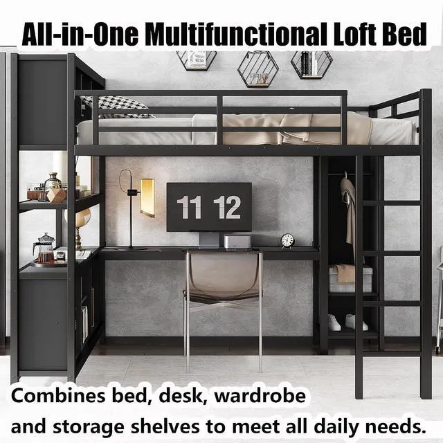 Alt view image 5 of 7 - Queen Size Metal Loft Bed with Desk, Wardrobe & Storage Shelves, Workstation Loft Bed with Workstation & Safety Guardrail for Teens, Kids & Small Bedroom, Black