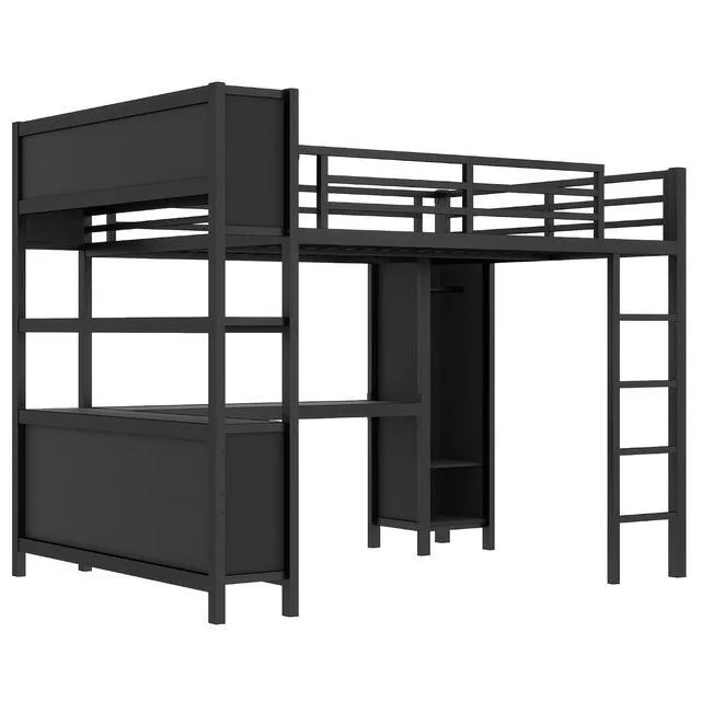 Alt view image 6 of 7 - Queen Size Metal Loft Bed with Desk, Wardrobe & Storage Shelves, Workstation Loft Bed with Workstation & Safety Guardrail for Teens, Kids & Small Bedroom, Black