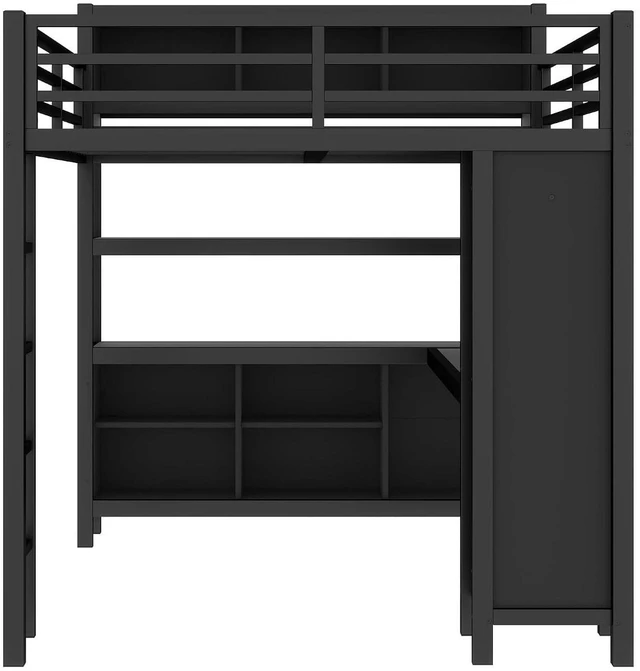 Alt view image 7 of 7 - Queen Size Metal Loft Bed with Desk, Wardrobe & Storage Shelves, Workstation Loft Bed with Workstation & Safety Guardrail for Teens, Kids & Small Bedroom, Black