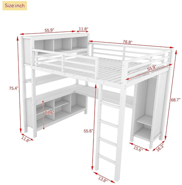 Alt view image 2 of 7 - Full Size Metal Loft Bed with Desk, Wardrobe & Storage Shelves, Gaming Loft Bed with Workstation & Safety Guardrail for Teens, Kids & Small Bedroom, White