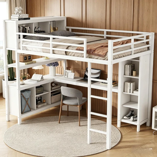 Main image of Full Size Metal Loft Bed with Desk, Wardrobe & Storage Shelves, Gaming Loft Bed with Workstation & Safety Guardrail for Teens, Kids & Small Bedroom, White