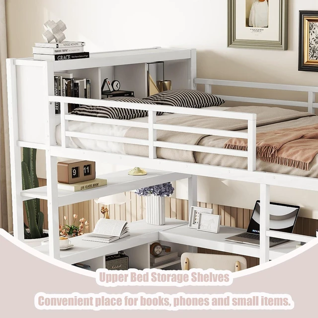 Alt view image 3 of 7 - Full Size Metal Loft Bed with Desk, Wardrobe & Storage Shelves, Gaming Loft Bed with Workstation & Safety Guardrail for Teens, Kids & Small Bedroom, White