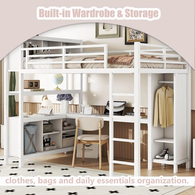 Alt view image 4 of 7 - Full Size Metal Loft Bed with Desk, Wardrobe & Storage Shelves, Gaming Loft Bed with Workstation & Safety Guardrail for Teens, Kids & Small Bedroom, White