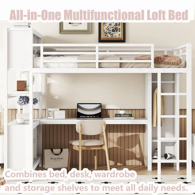 Alt view image 5 of 7 - Full Size Metal Loft Bed with Desk, Wardrobe & Storage Shelves, Gaming Loft Bed with Workstation & Safety Guardrail for Teens, Kids & Small Bedroom, White