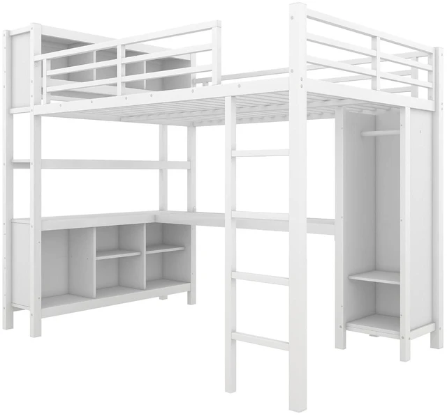 Alt view image 6 of 7 - Full Size Metal Loft Bed with Desk, Wardrobe & Storage Shelves, Gaming Loft Bed with Workstation & Safety Guardrail for Teens, Kids & Small Bedroom, White