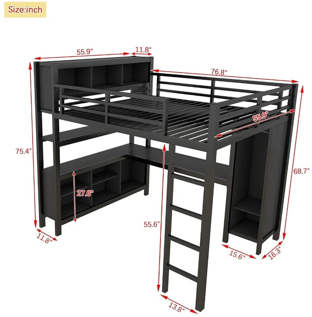 Alt view image 2 of 7 - Full Size Metal Loft Bed with Desk, Wardrobe & Storage Shelves, Minimalist Loft Bed with Workstation & Safety Guardrail for Teens, Kids & Small Bedroom, Black