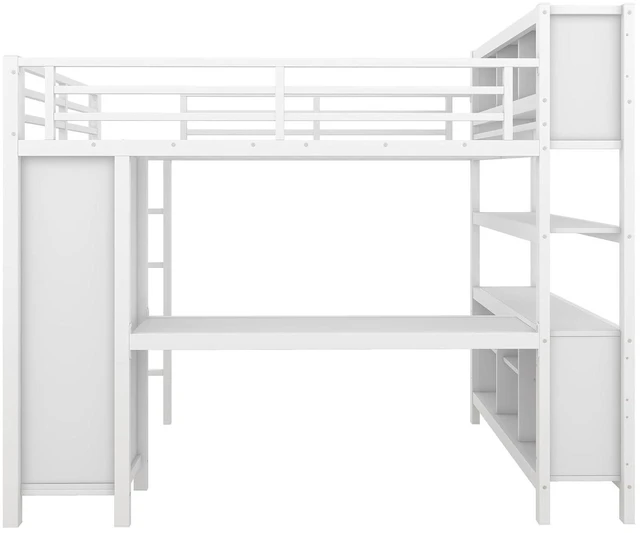Alt view image 7 of 7 - Full Size Metal Loft Bed with Desk, Wardrobe & Storage Shelves, Gaming Loft Bed with Workstation & Safety Guardrail for Teens, Kids & Small Bedroom, White