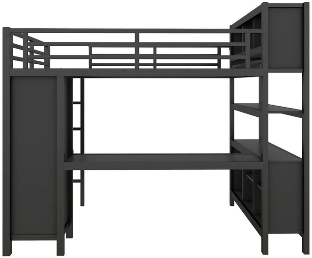 Alt view image 7 of 7 - Full Size Metal Loft Bed with Desk, Wardrobe & Storage Shelves, Minimalist Loft Bed with Workstation & Safety Guardrail for Teens, Kids & Small Bedroom, Black