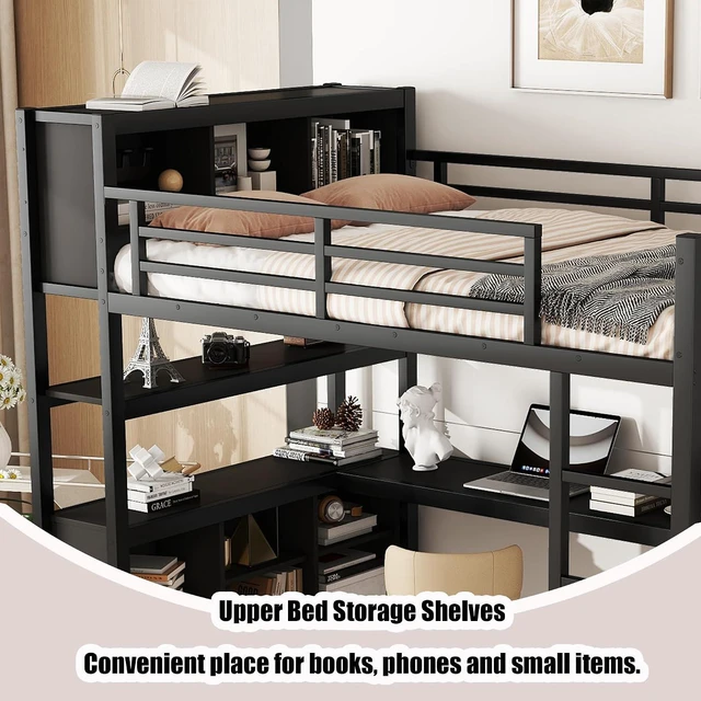 Alt view image 3 of 7 - Full Size Metal Loft Bed with Desk, Wardrobe & Storage Shelves, Minimalist Loft Bed with Workstation & Safety Guardrail for Teens, Kids & Small Bedroom, Black