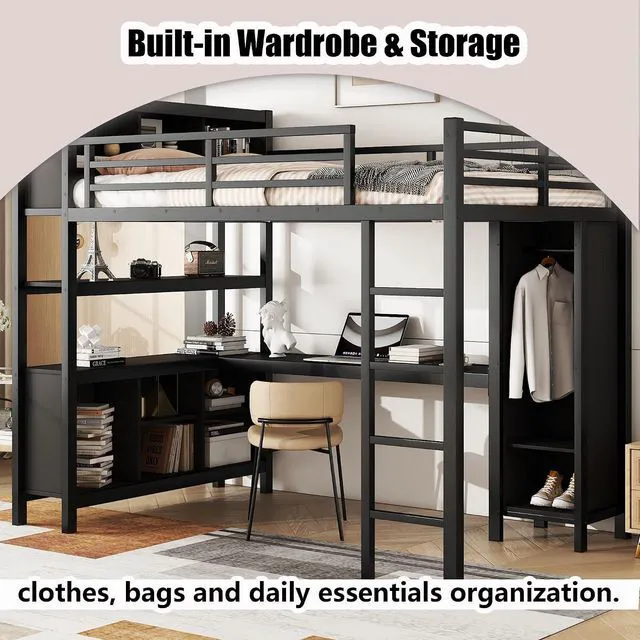 Alt view image 4 of 7 - Full Size Metal Loft Bed with Desk, Wardrobe & Storage Shelves, Minimalist Loft Bed with Workstation & Safety Guardrail for Teens, Kids & Small Bedroom, Black