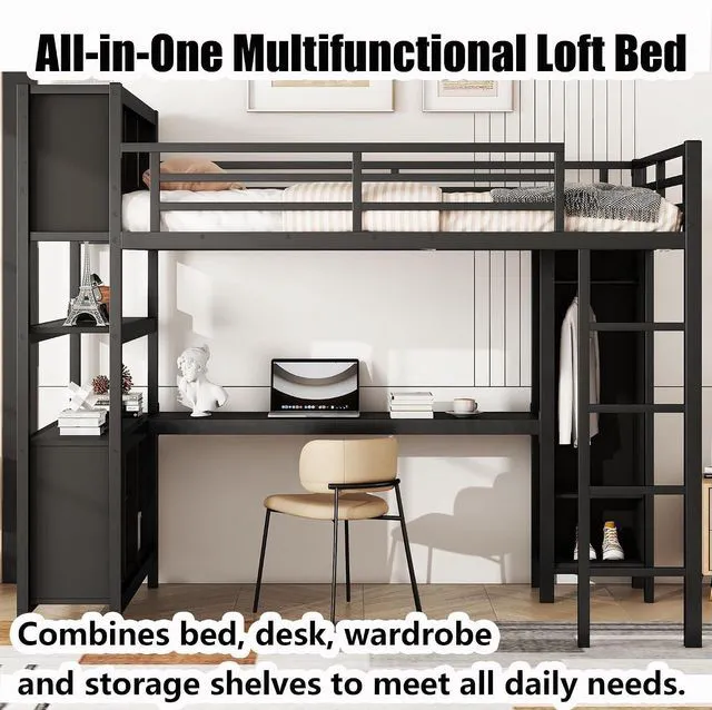 Alt view image 5 of 7 - Full Size Metal Loft Bed with Desk, Wardrobe & Storage Shelves, Minimalist Loft Bed with Workstation & Safety Guardrail for Teens, Kids & Small Bedroom, Black