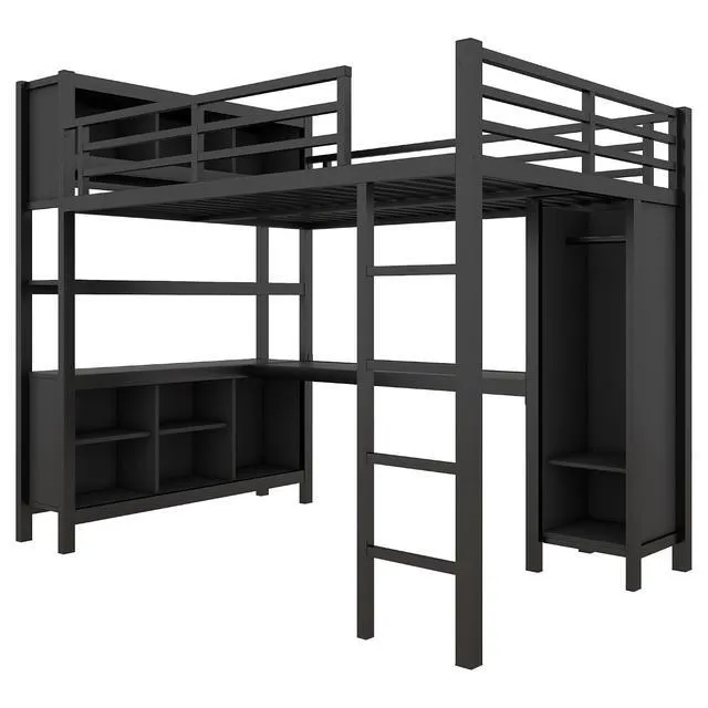 Alt view image 6 of 7 - Full Size Metal Loft Bed with Desk, Wardrobe & Storage Shelves, Minimalist Loft Bed with Workstation & Safety Guardrail for Teens, Kids & Small Bedroom, Black