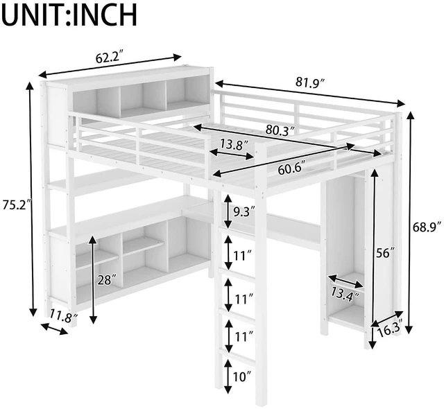 Alt view image 2 of 7 - Queen Size Metal Loft Bed with Desk, Wardrobe & Storage Shelves, Multifunctional High Loft Bed Frame with Workstation & Safety Guardrail for Teens, Kids & Small Bedroom, Off White