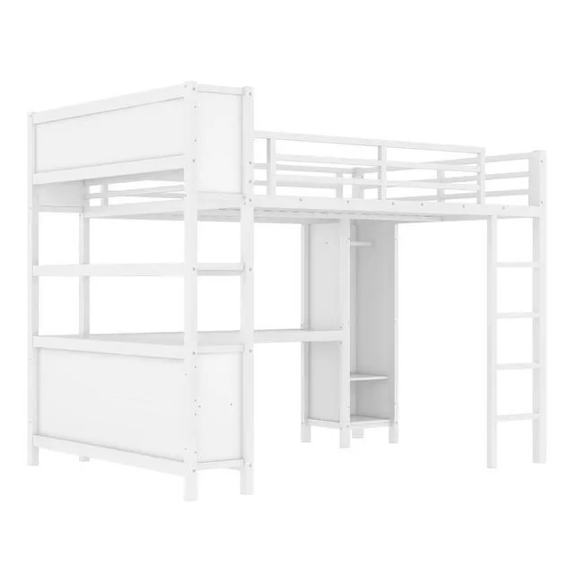 Alt view image 6 of 7 - Queen Size Metal Loft Bed with Desk, Wardrobe & Storage Shelves, Multifunctional High Loft Bed Frame with Workstation & Safety Guardrail for Teens, Kids & Small Bedroom, Off White