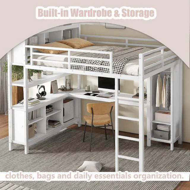 Alt view image 3 of 7 - Queen Size Metal Loft Bed with Desk, Wardrobe & Storage Shelves, Multifunctional High Loft Bed Frame with Workstation & Safety Guardrail for Teens, Kids & Small Bedroom, Off White