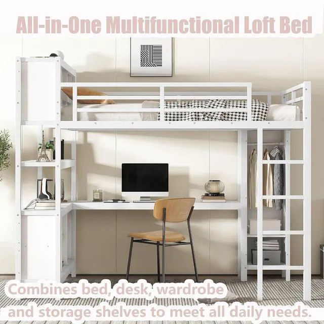 Alt view image 4 of 7 - Queen Size Metal Loft Bed with Desk, Wardrobe & Storage Shelves, Multifunctional High Loft Bed Frame with Workstation & Safety Guardrail for Teens, Kids & Small Bedroom, Off White