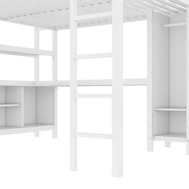 Alt view image 7 of 7 - Queen Size Metal Loft Bed with Desk, Wardrobe & Storage Shelves, Multifunctional High Loft Bed Frame with Workstation & Safety Guardrail for Teens, Kids & Small Bedroom, Off White