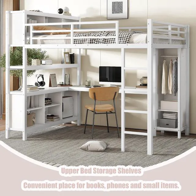 Alt view image 5 of 7 - Queen Size Metal Loft Bed with Desk, Wardrobe & Storage Shelves, Multifunctional High Loft Bed Frame with Workstation & Safety Guardrail for Teens, Kids & Small Bedroom, Off White