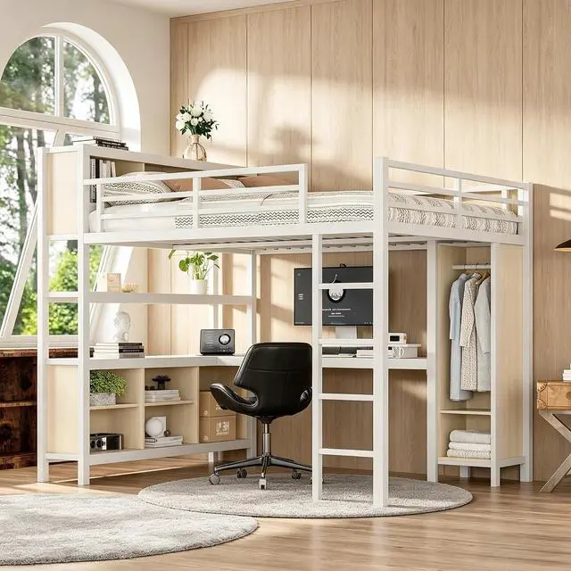 Main image of Queen Size Metal Loft Bed with Desk, Wardrobe & Storage Shelves, Organized Loft Bed with Workstation & Safety Guardrail for Teens, Kids & Small Bedroom, White Straight Grain