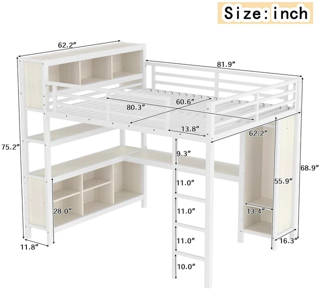 Alt view image 2 of 7 - Queen Size Metal Loft Bed with Desk, Wardrobe & Storage Shelves, Organized Loft Bed with Workstation & Safety Guardrail for Teens, Kids & Small Bedroom, White Straight Grain