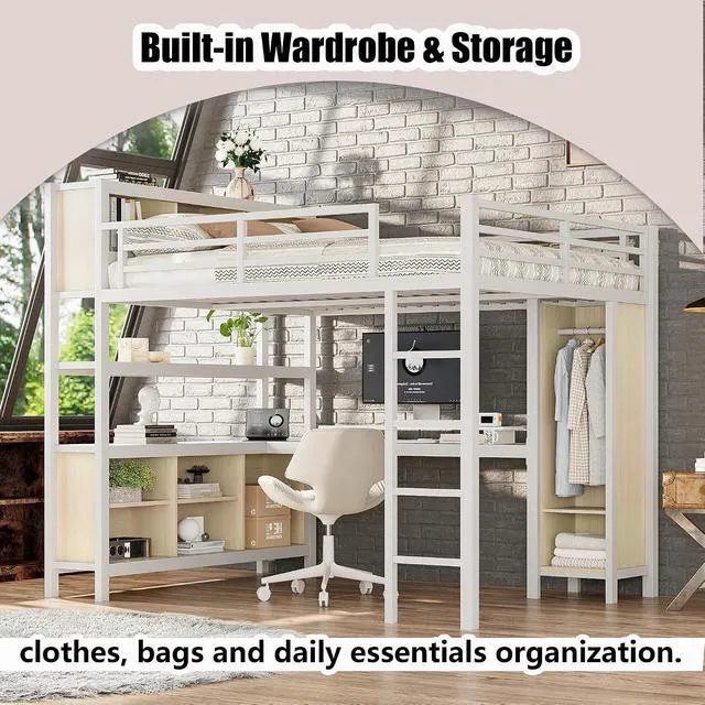 Alt view image 4 of 7 - Queen Size Metal Loft Bed with Desk, Wardrobe & Storage Shelves, Organized Loft Bed with Workstation & Safety Guardrail for Teens, Kids & Small Bedroom, White Straight Grain