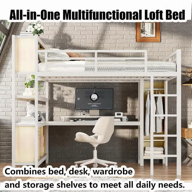 Alt view image 5 of 7 - Queen Size Metal Loft Bed with Desk, Wardrobe & Storage Shelves, Organized Loft Bed with Workstation & Safety Guardrail for Teens, Kids & Small Bedroom, White Straight Grain