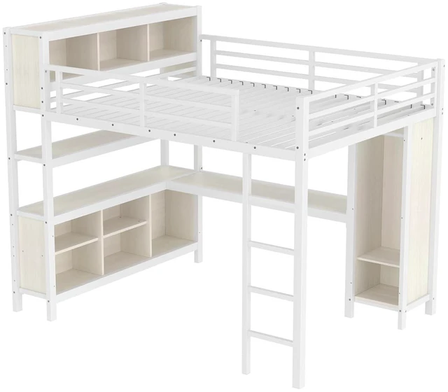 Alt view image 6 of 7 - Queen Size Metal Loft Bed with Desk, Wardrobe & Storage Shelves, Organized Loft Bed with Workstation & Safety Guardrail for Teens, Kids & Small Bedroom, White Straight Grain